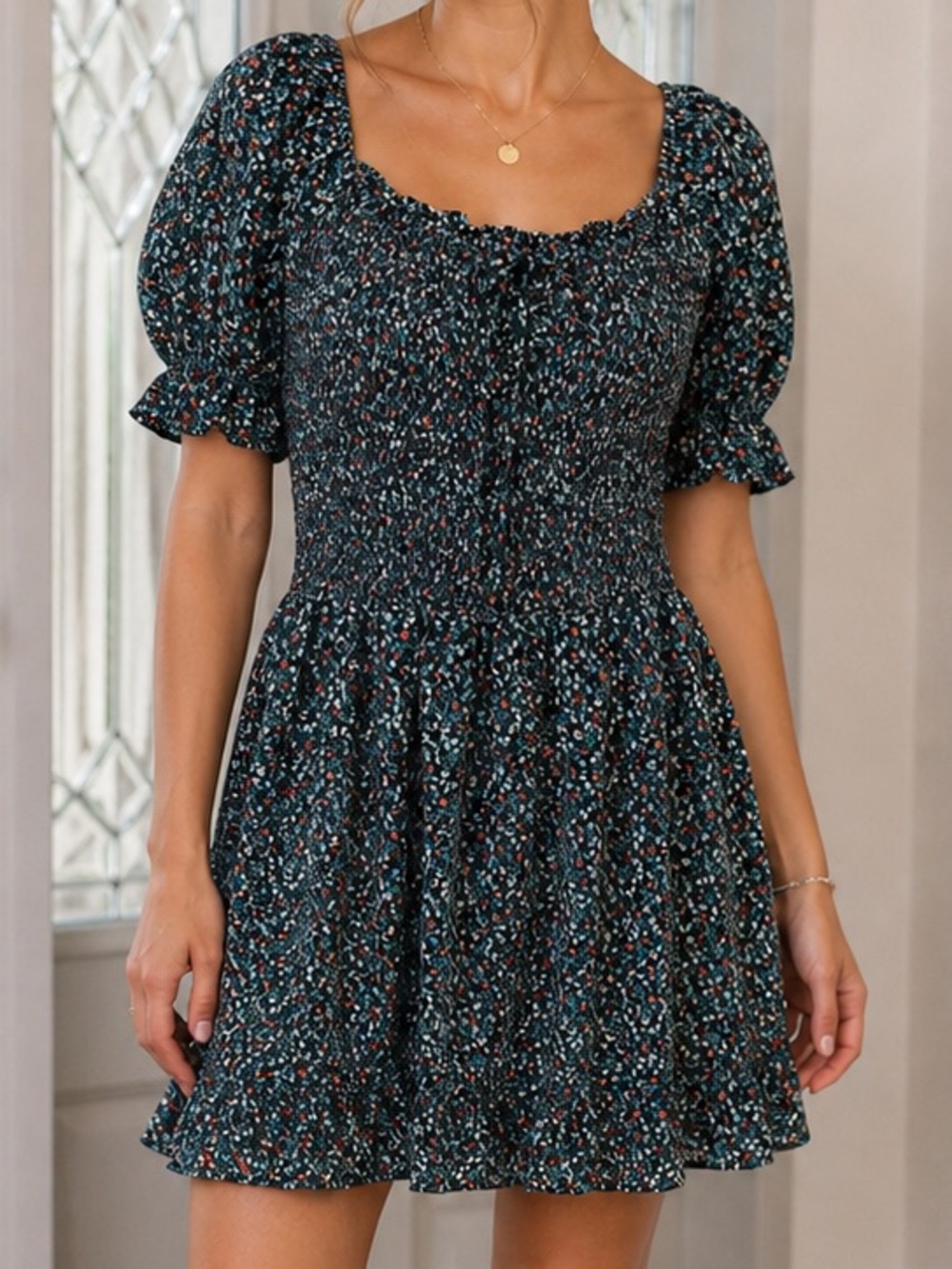 AUW Black Floral Smocked Mini Dress with Puff Sleeves, Size 2XL